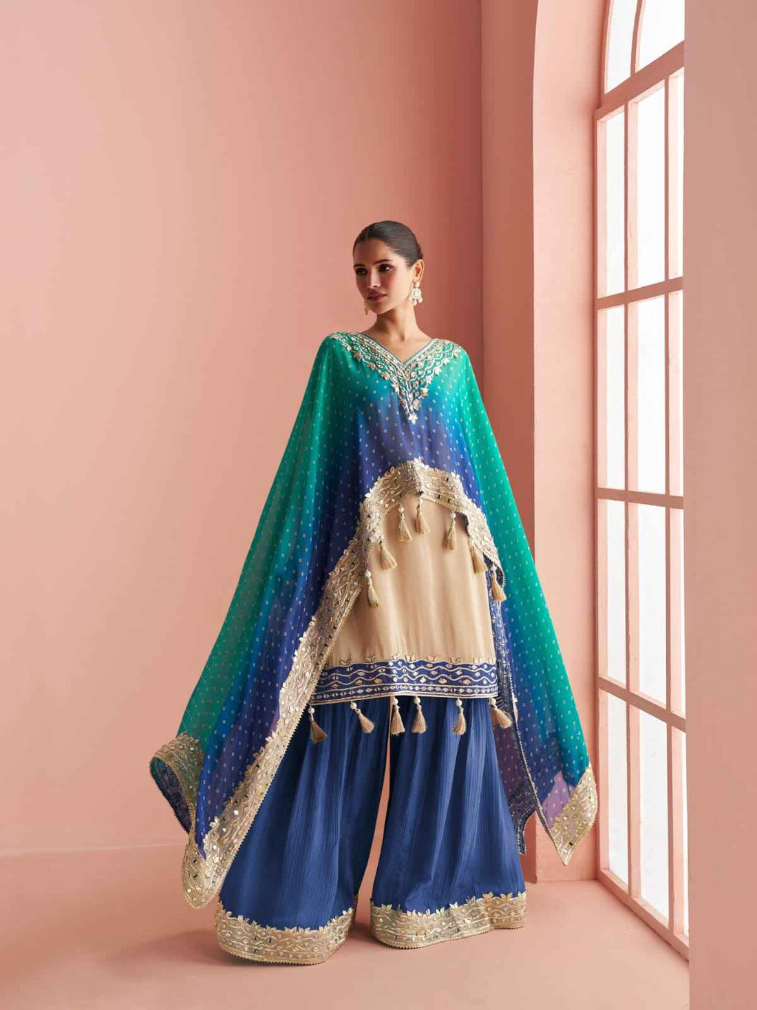 Teal Blue &amp; Navy Blue Sharara Suit with Pauncho Style Top &amp; Dupatta