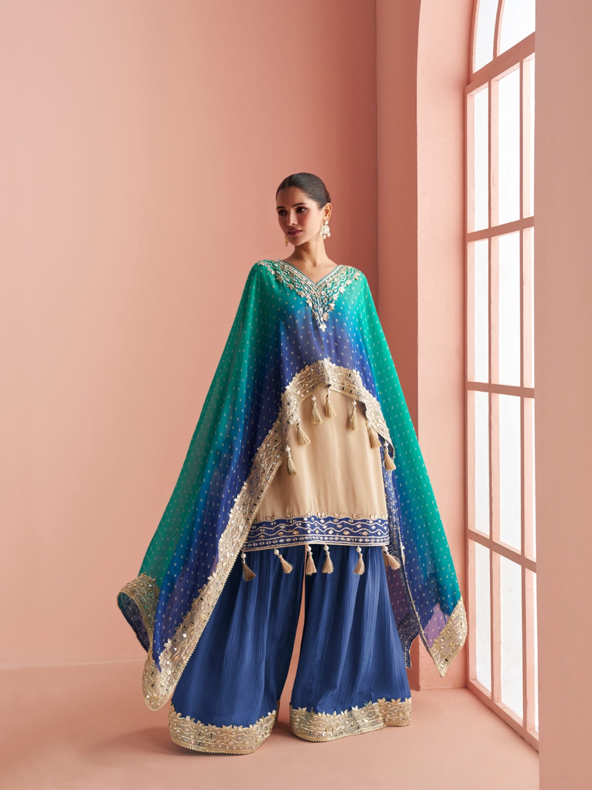 Teal Blue &amp; Navy Blue Sharara Suit with Pauncho Style Top &amp; Dupatta