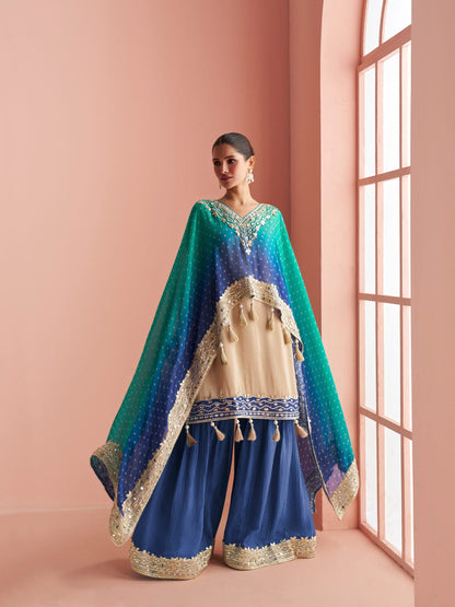 Teal Blue &amp; Navy Blue Sharara Suit with Pauncho Style Top &amp; Dupatta