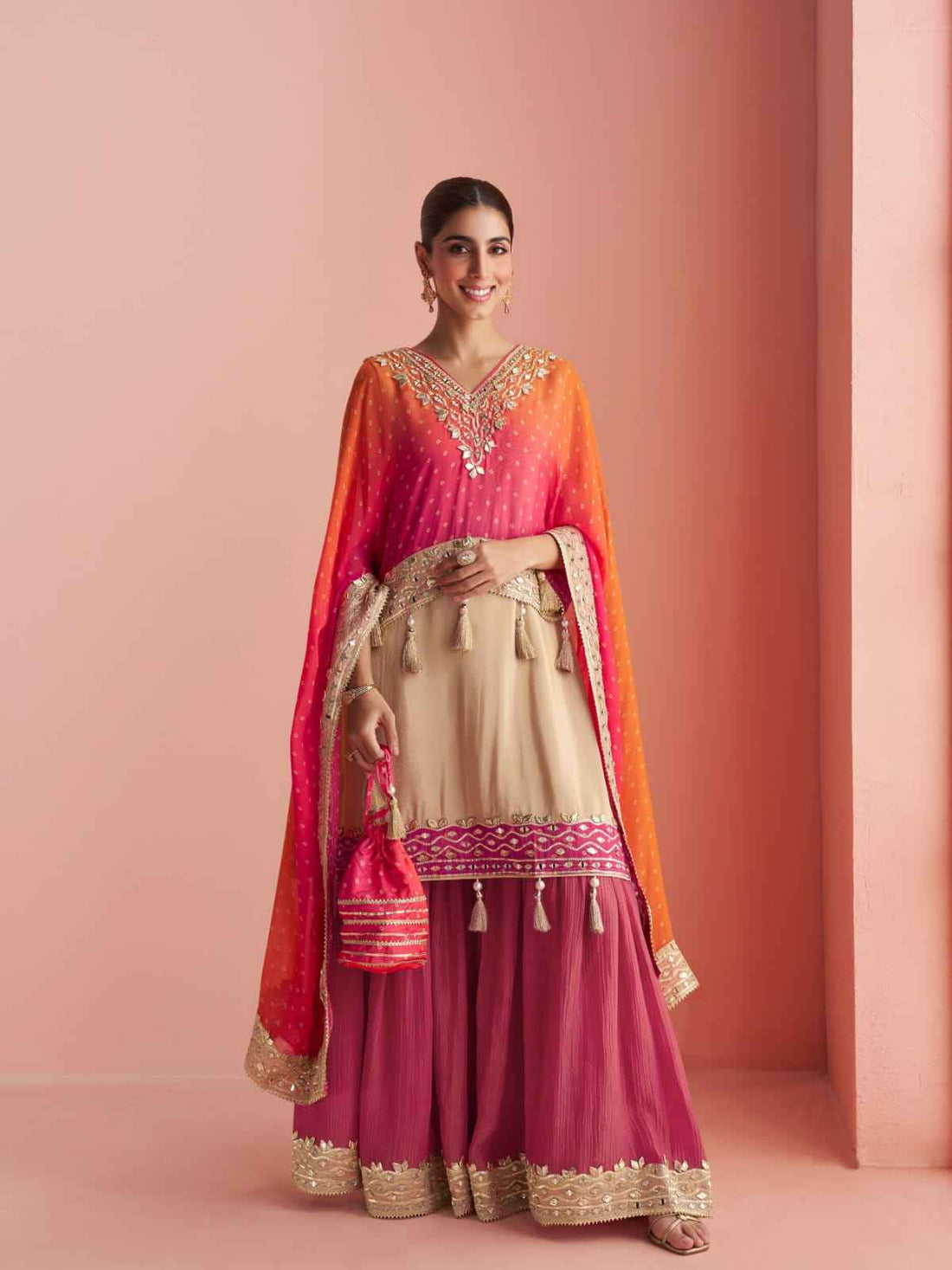 Wine Pink Designer Sharara Suit with Pauncho Style Top &amp; Dupatta