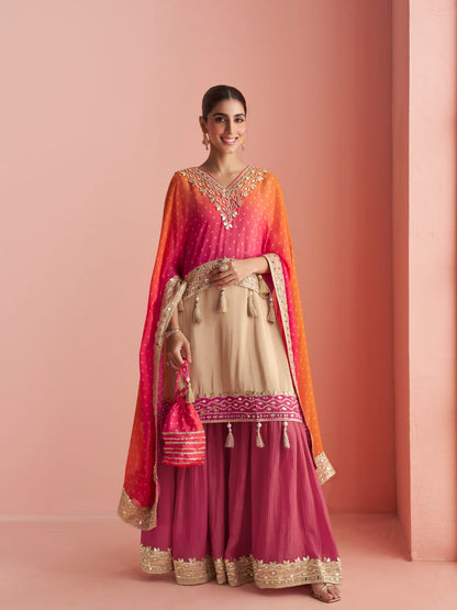 Wine Pink Designer Sharara Suit with Pauncho Style Top &amp; Dupatta