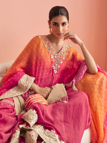 Wine Pink Designer Sharara Suit with Pauncho Style Top &amp; Dupatta