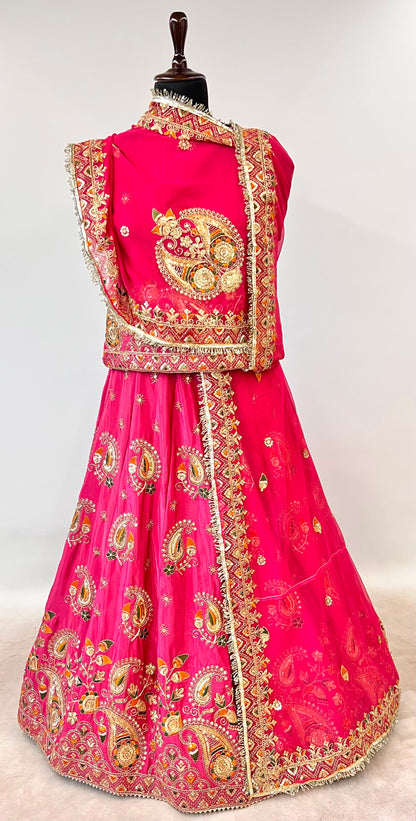 Pink Pure Gold Crush 05 Mtr Flair Lehariya Chunni Rajasthani Rajputi Lehenga Choli