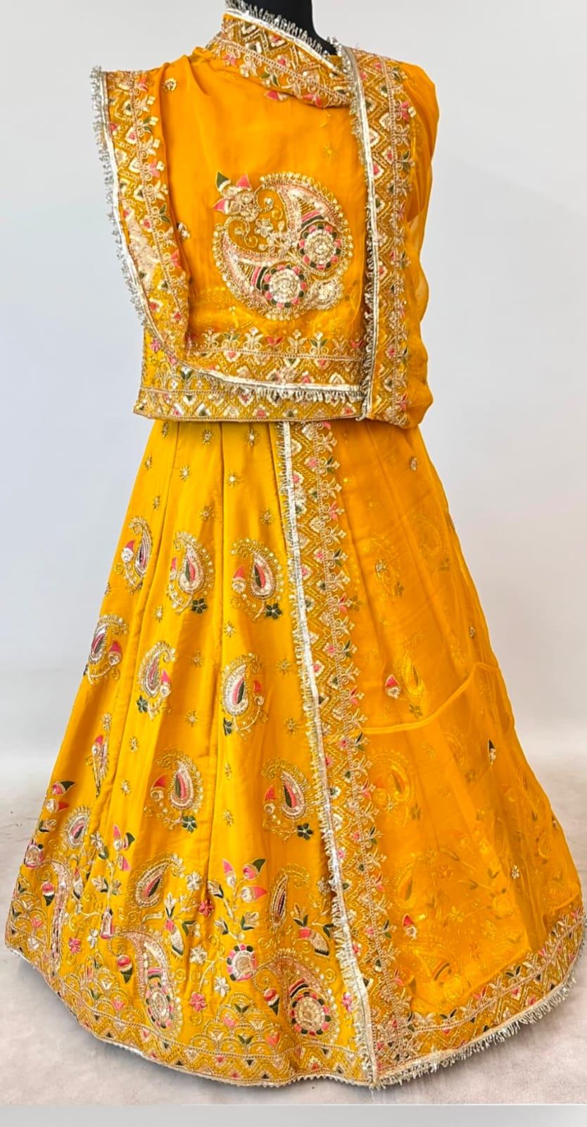Yellow Pure Gold Crush 05 Mtr Flair Lehariya Chunni Rajasthani Rajputi Lehenga Choli