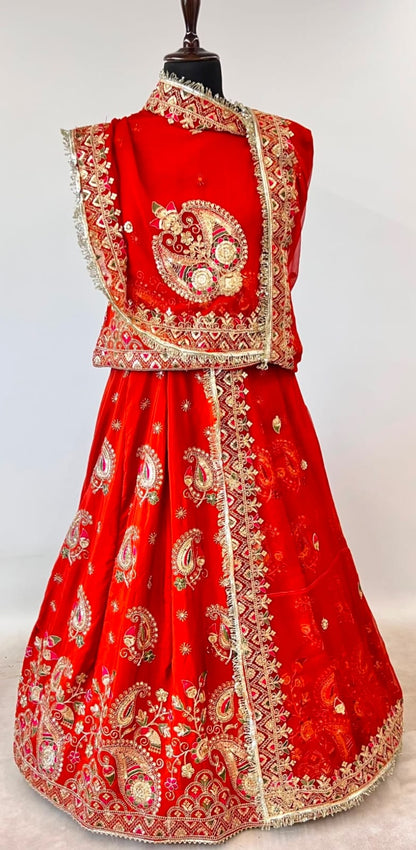 Red Pure Gold Crush 05 Mtr Flair Lehariya Chunni Rajasthani Rajputi Lehenga Choli