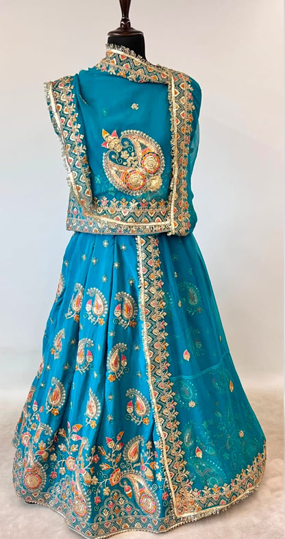 Sky Pure Gold Crush 05 Mtr Flair Lehariya Chunni Rajasthani Rajputi Lehenga Choli