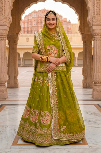 Mehandi Pure Gold Crush 05 Mtr Flair Lehariya Chunni Rajasthani Rajputi Lehenga Choli