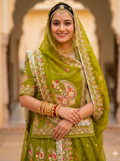 Mehandi Pure Gold Crush 05 Mtr Flair Lehariya Chunni Rajasthani Rajputi Lehenga Choli