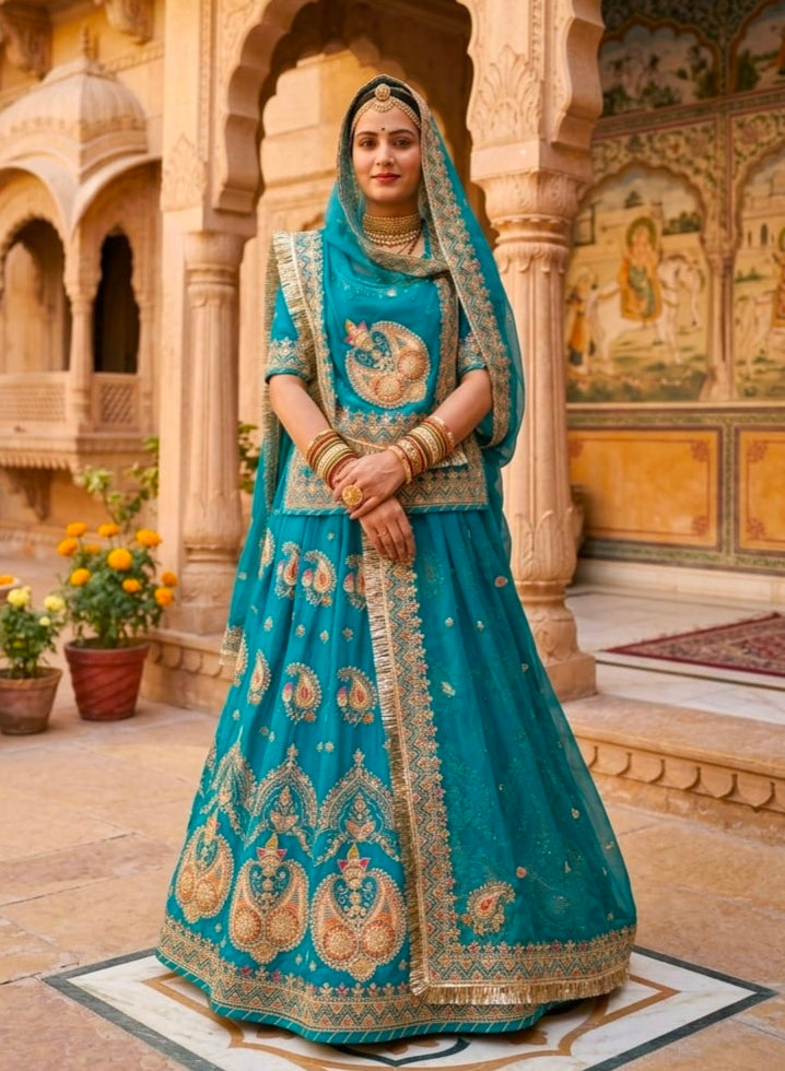 Sky Pure Gold Crush 05 Mtr Flair Lehariya Chunni Rajasthani Rajputi Lehenga Choli