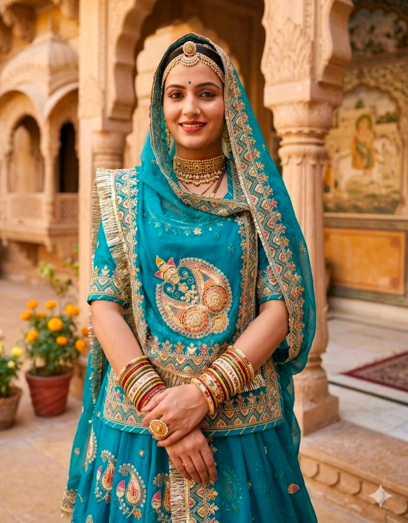 Sky Pure Gold Crush 05 Mtr Flair Lehariya Chunni Rajasthani Rajputi Lehenga Choli