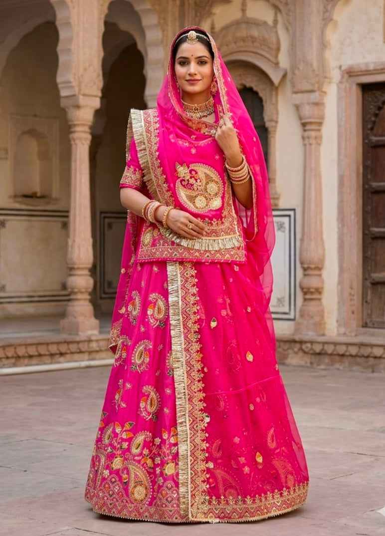 Pink Pure Gold Crush 05 Mtr Flair Lehariya Chunni Rajasthani Rajputi Lehenga Choli