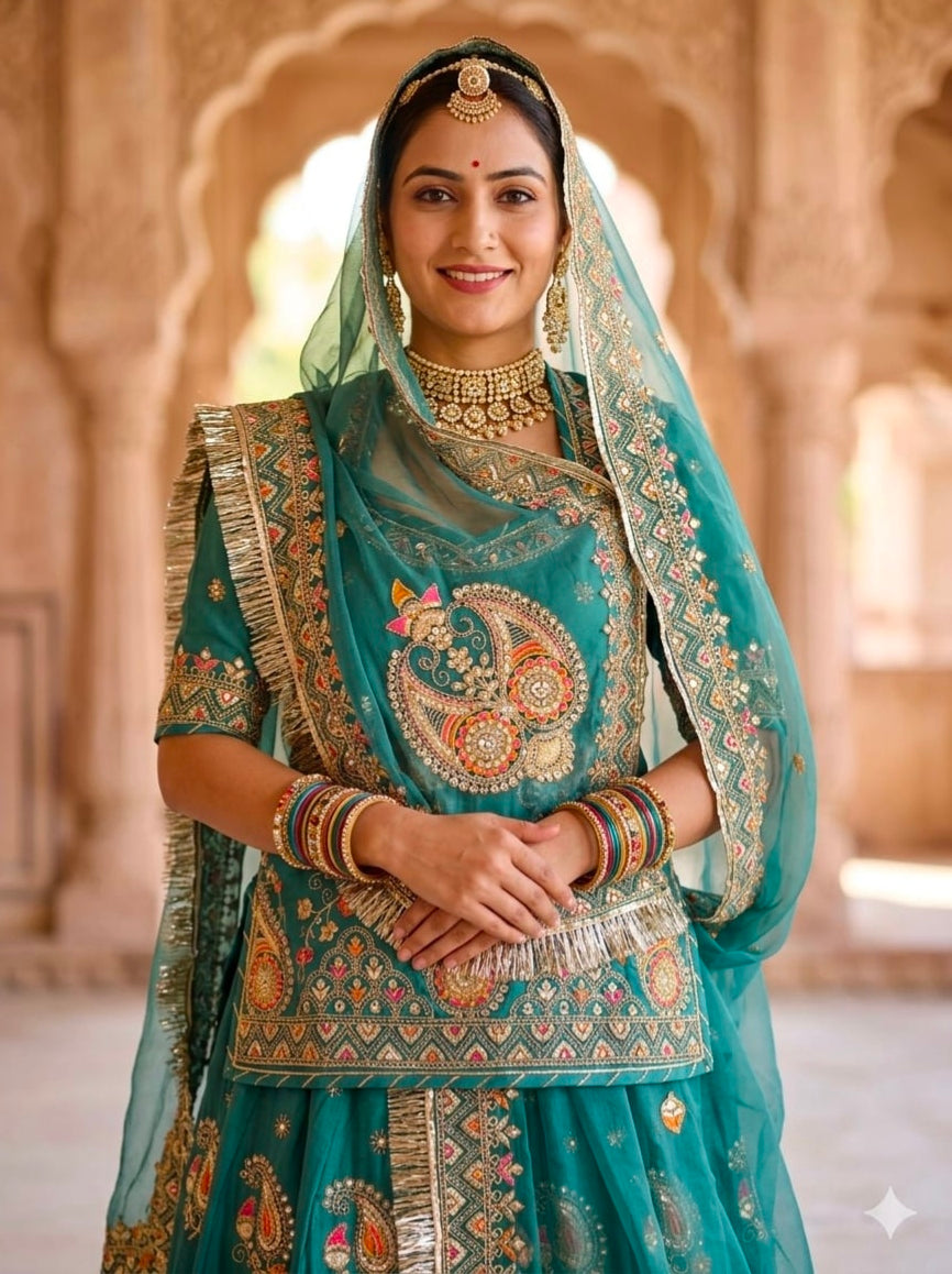Peacock Pure Gold Crush 05 Mtr Flair Lehariya Chunni Rajasthani Rajputi Lehenga Choli