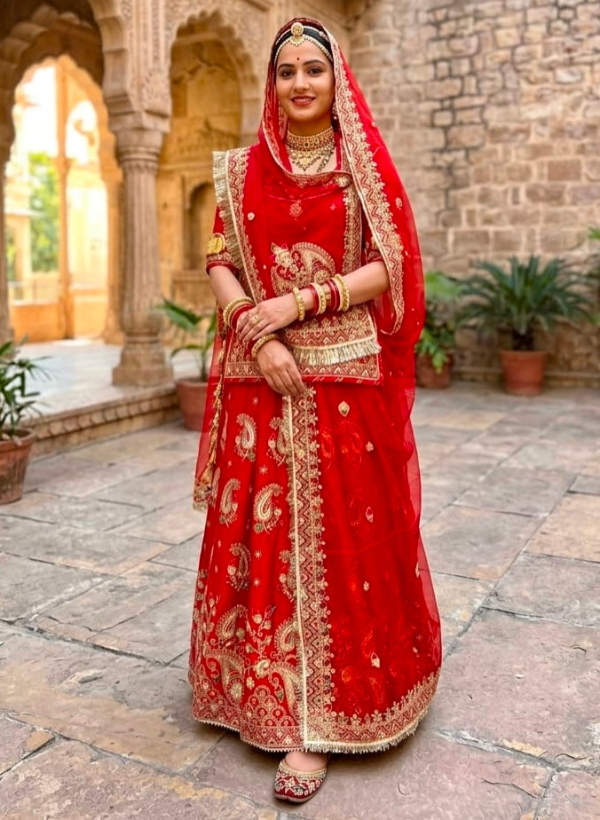 Red Pure Gold Crush 05 Mtr Flair Lehariya Chunni Rajasthani Rajputi Lehenga Choli