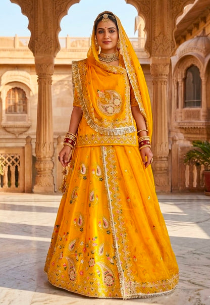 Yellow Pure Gold Crush 05 Mtr Flair Lehariya Chunni Rajasthani Rajputi Lehenga Choli