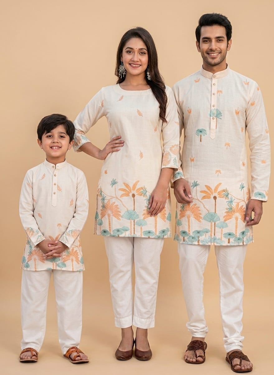 Cream Pure Daman Digital Print Midlength Mother Father Son Combo Kurta Pajama Set