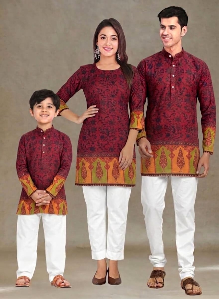 Red Pure Daman Digital Print Midlength Mother Father Son Combo Kurta Pajama Set