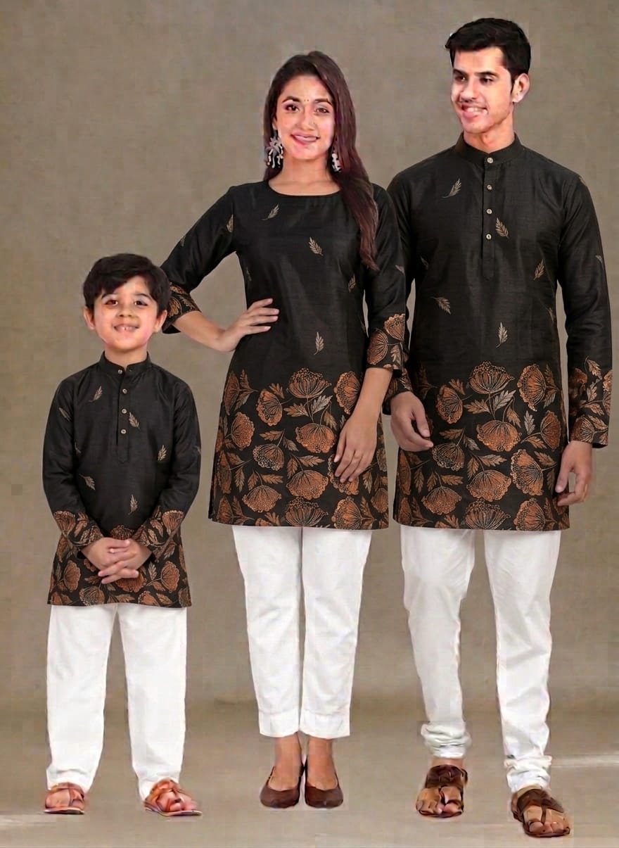 Black Pure Daman Digital Print Midlength Mother Father Son Combo Kurta Pajama Set