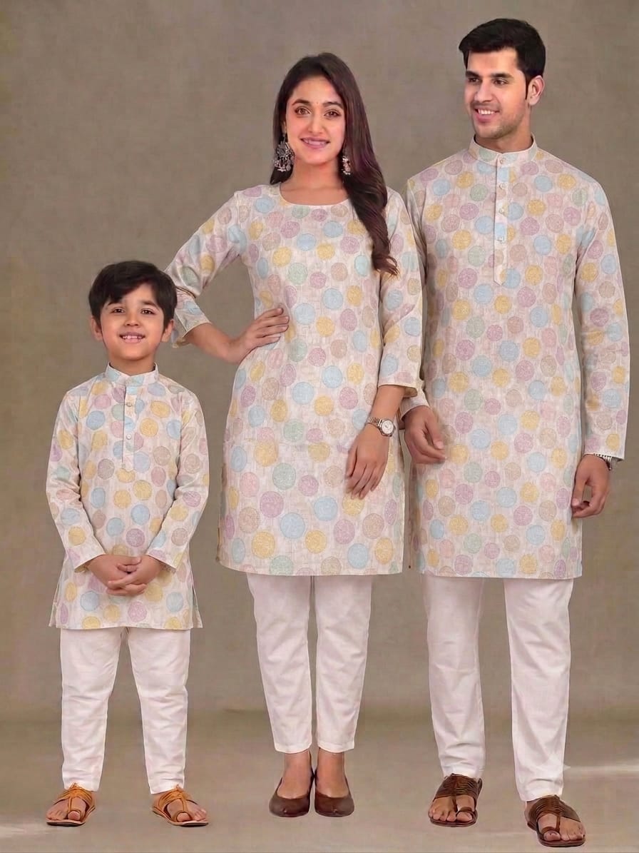Multi Pure Daman Digital Print Midlength Mother Father Son Combo Kurta Pajama Set