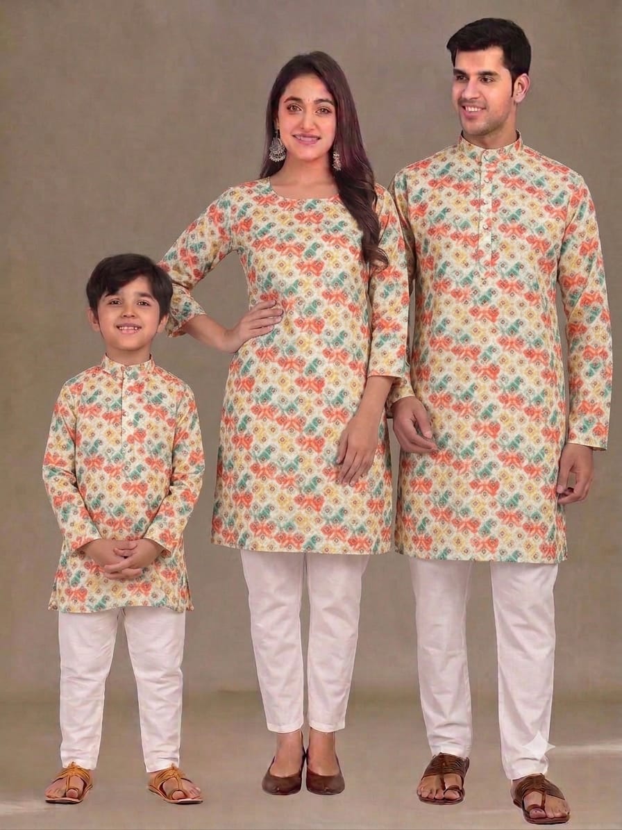 Multi Pure Daman Digital Print Midlength Mother Father Son Combo Kurta Pajama Set
