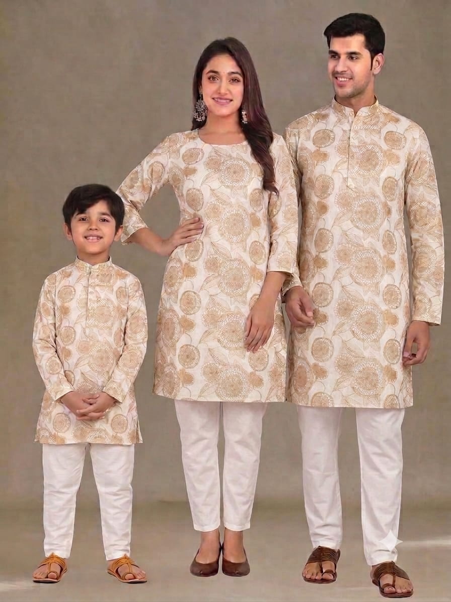 Chiku Pure Daman Digital Print Midlength Mother Father Son Combo Kurta Pajama Set