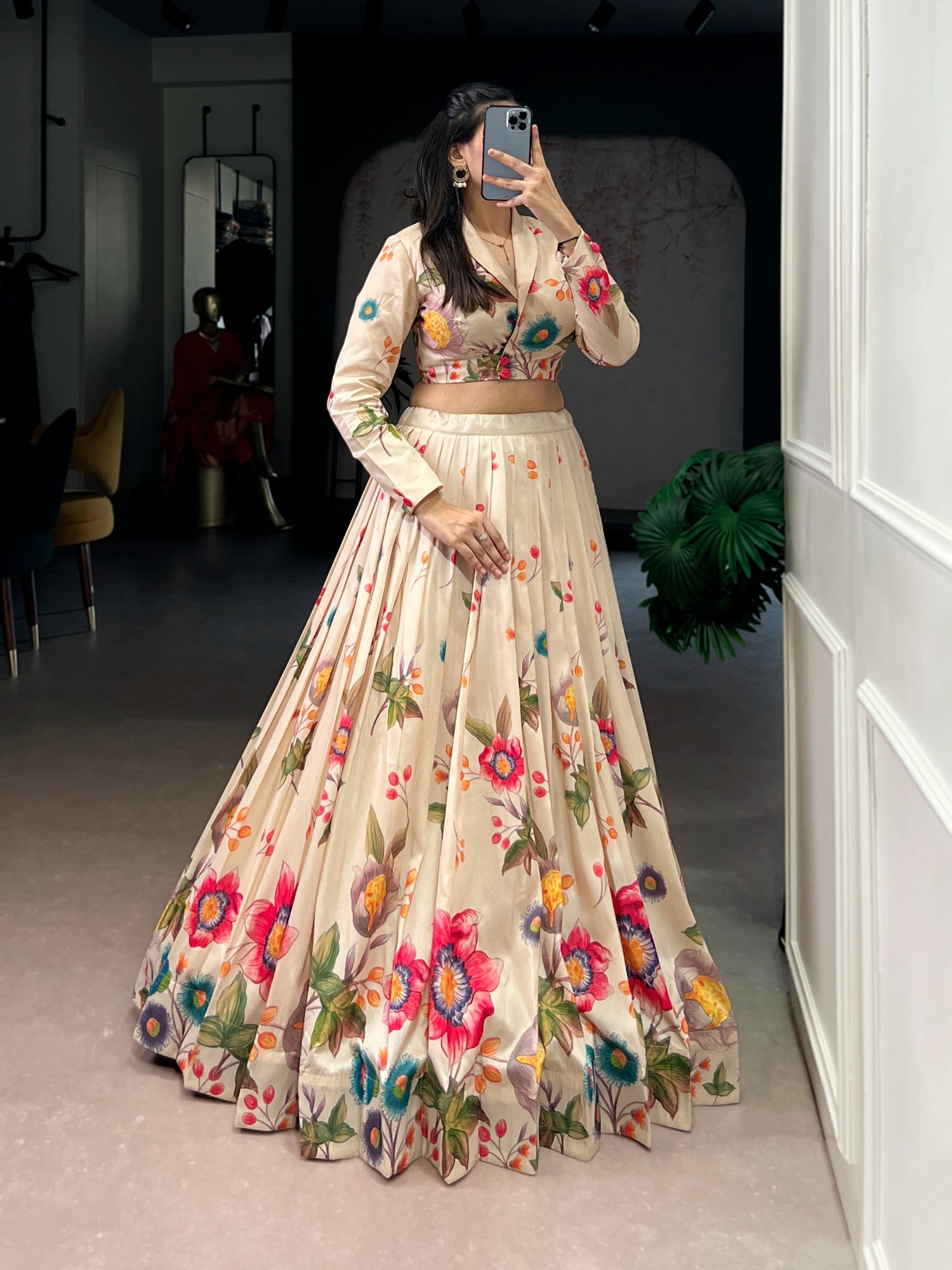 Cream Pure Tusar Silk Floral Printed Co ord Lehenga With Koti Set