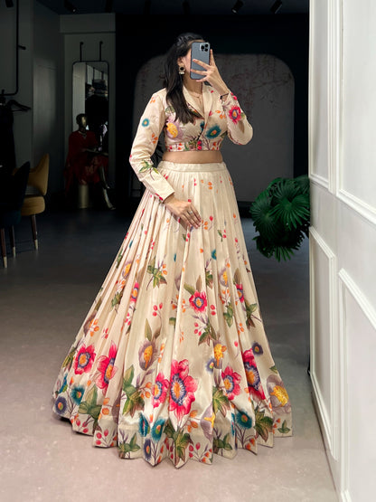 Cream Pure Tusar Silk Floral Printed Co ord Lehenga With Koti Set