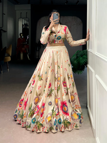 Cream Pure Tusar Silk Floral Printed Co ord Lehenga With Koti Set