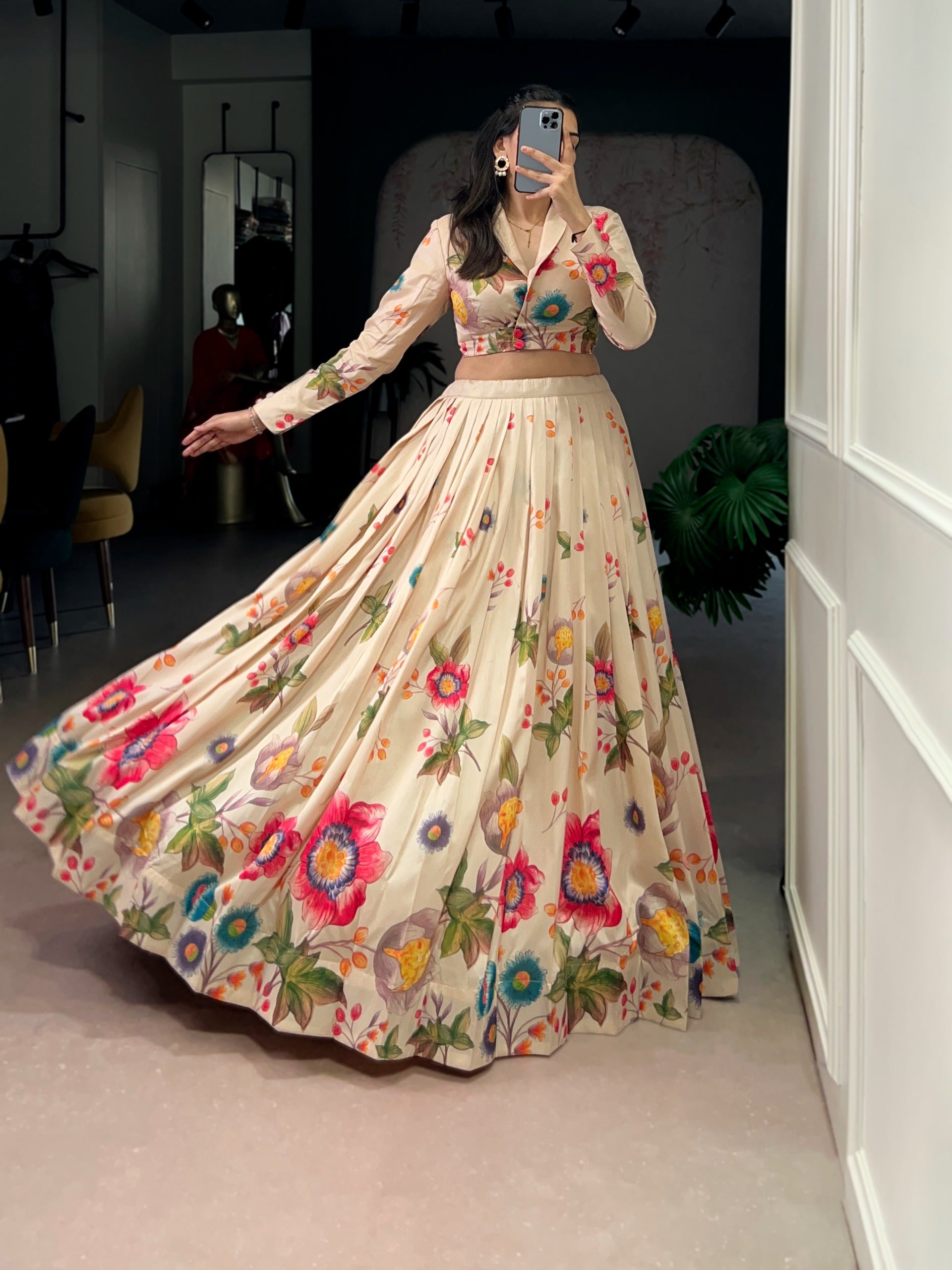 Cream Pure Tusar Silk Floral Printed Co ord Lehenga With Koti Set