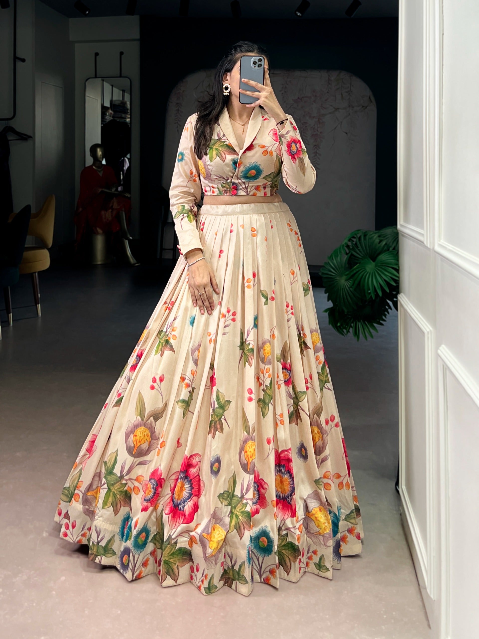 Cream Pure Tusar Silk Floral Printed Co ord Lehenga With Koti Set
