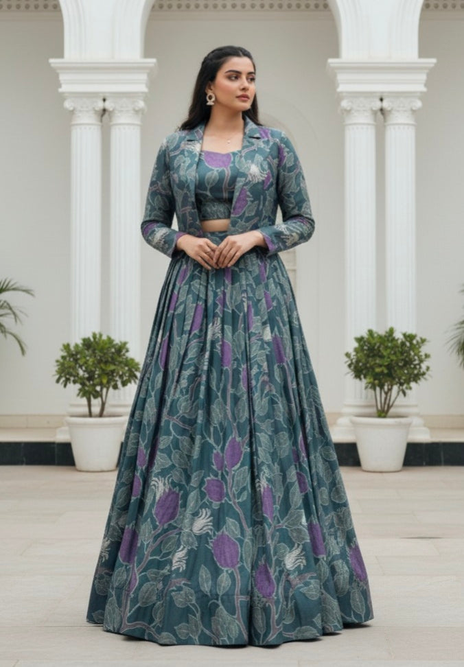 Grey Pure Tusar Silk Printed Co ord Lehenga With Koti Set