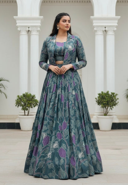 Grey Pure Tusar Silk Printed Co ord Lehenga With Koti Set