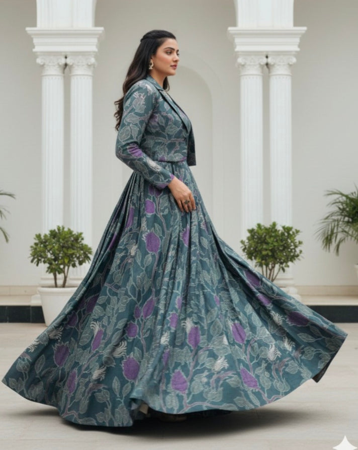 Grey Pure Tusar Silk Printed Co ord Lehenga With Koti Set