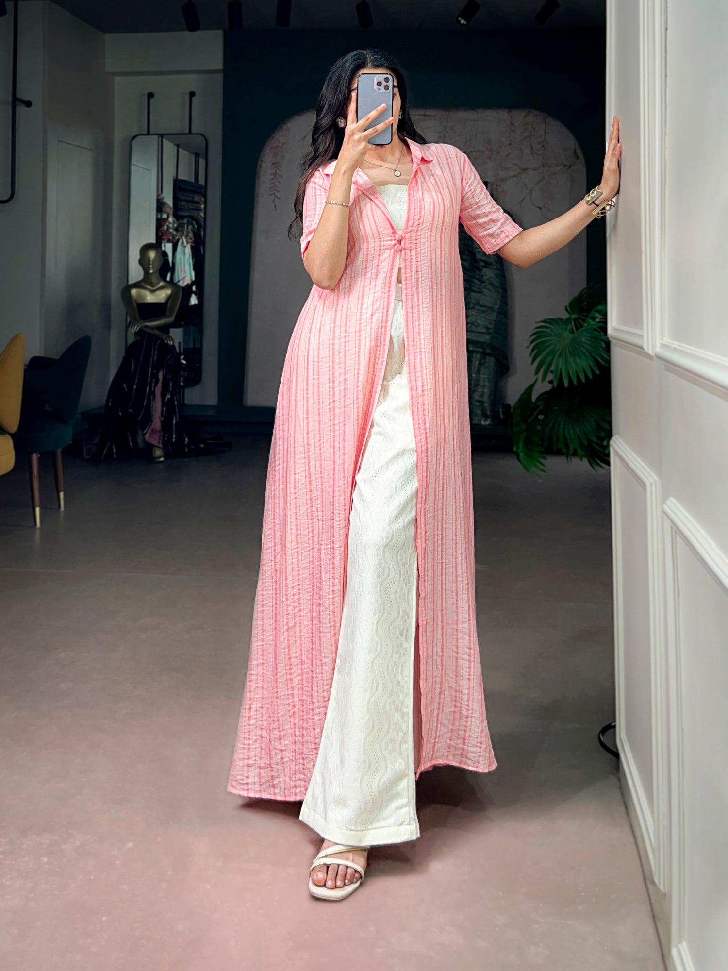 Pink Pure Orchid Plain Work Long Kurti with Wooden Indo Western Set