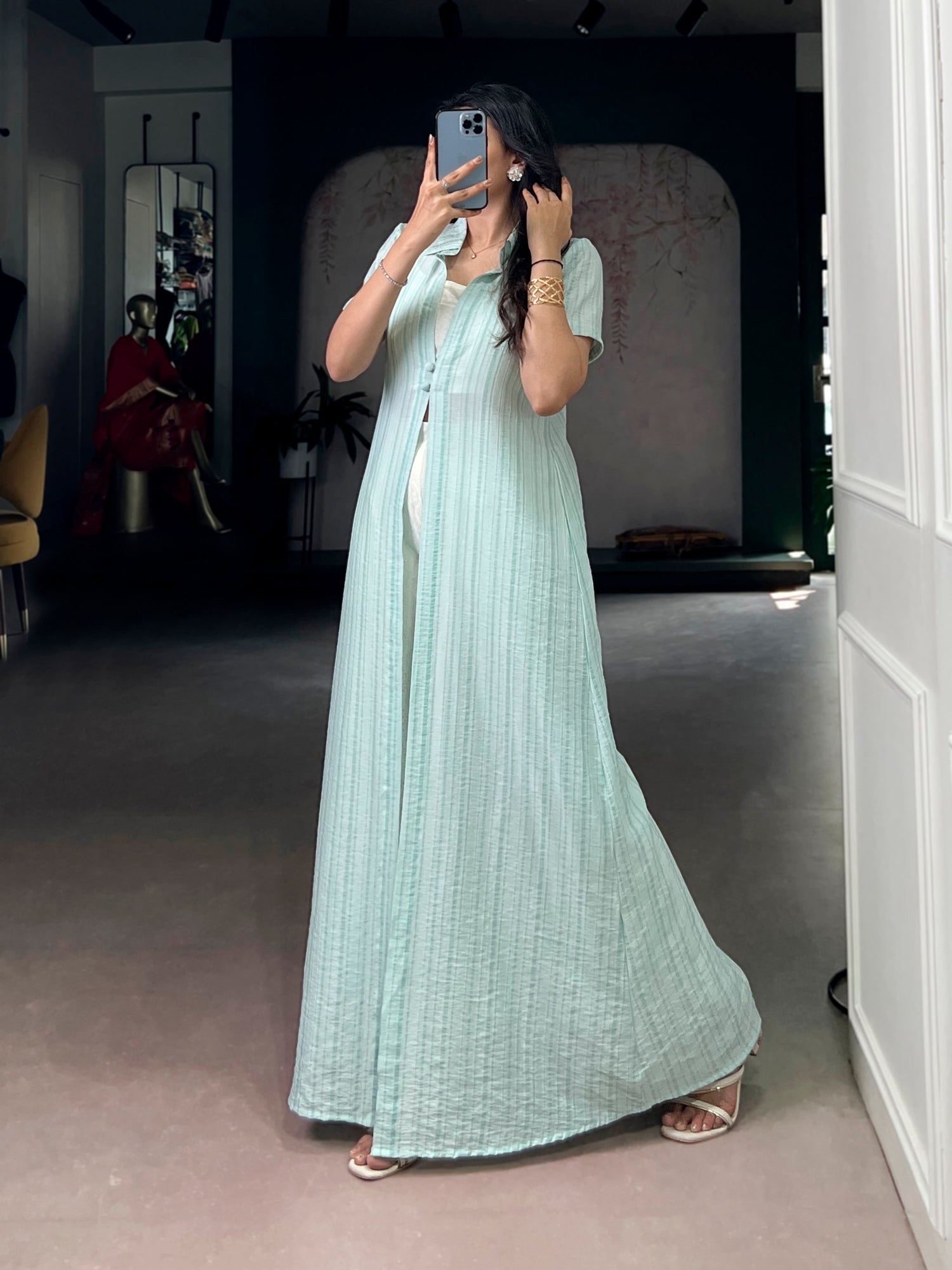 Sky Pure Orchid Plain Work Long Kurti with Wooden Indo Western Set