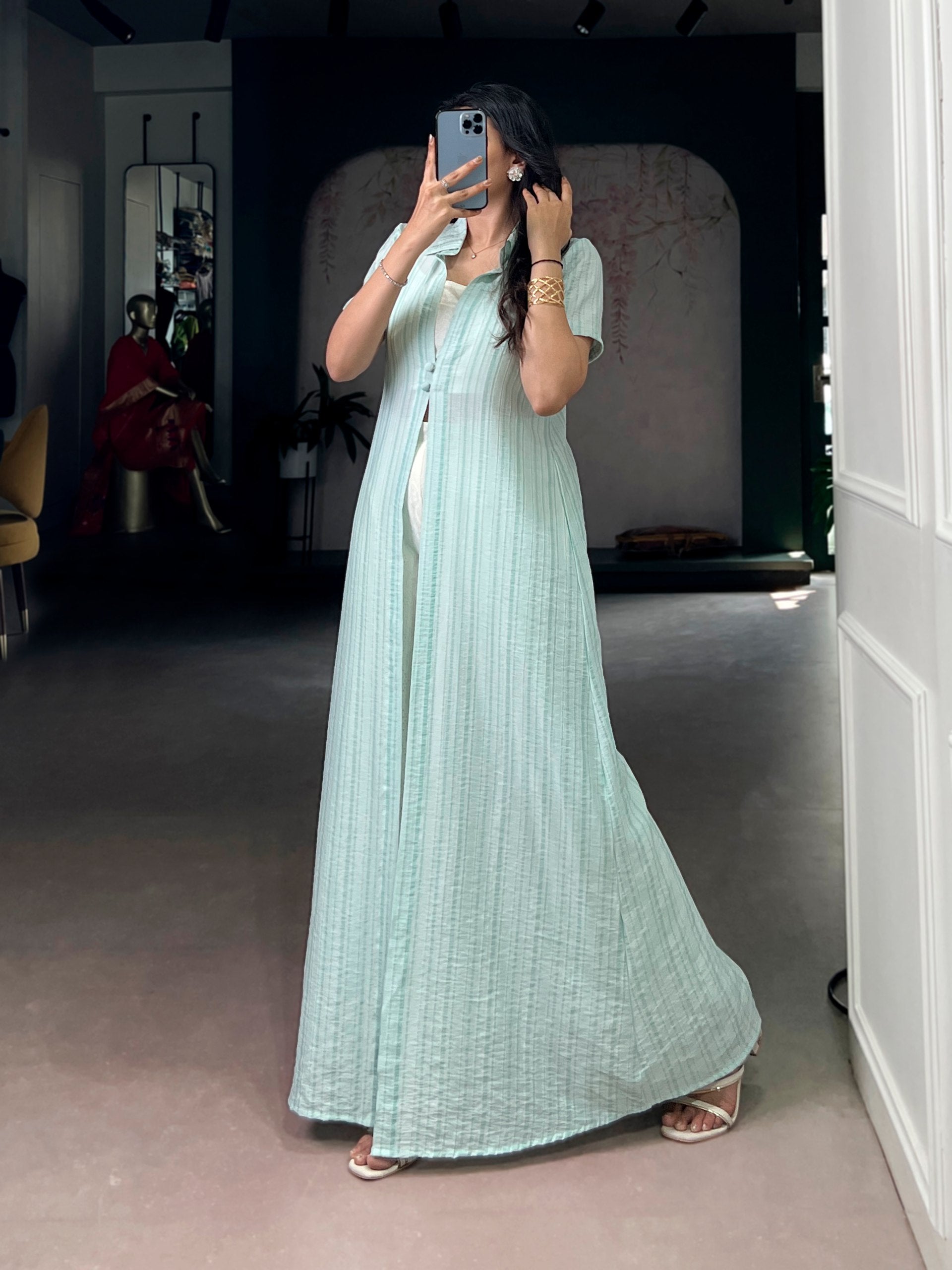 Sky Pure Orchid Plain Work Long Kurti with Wooden Indo Western Set