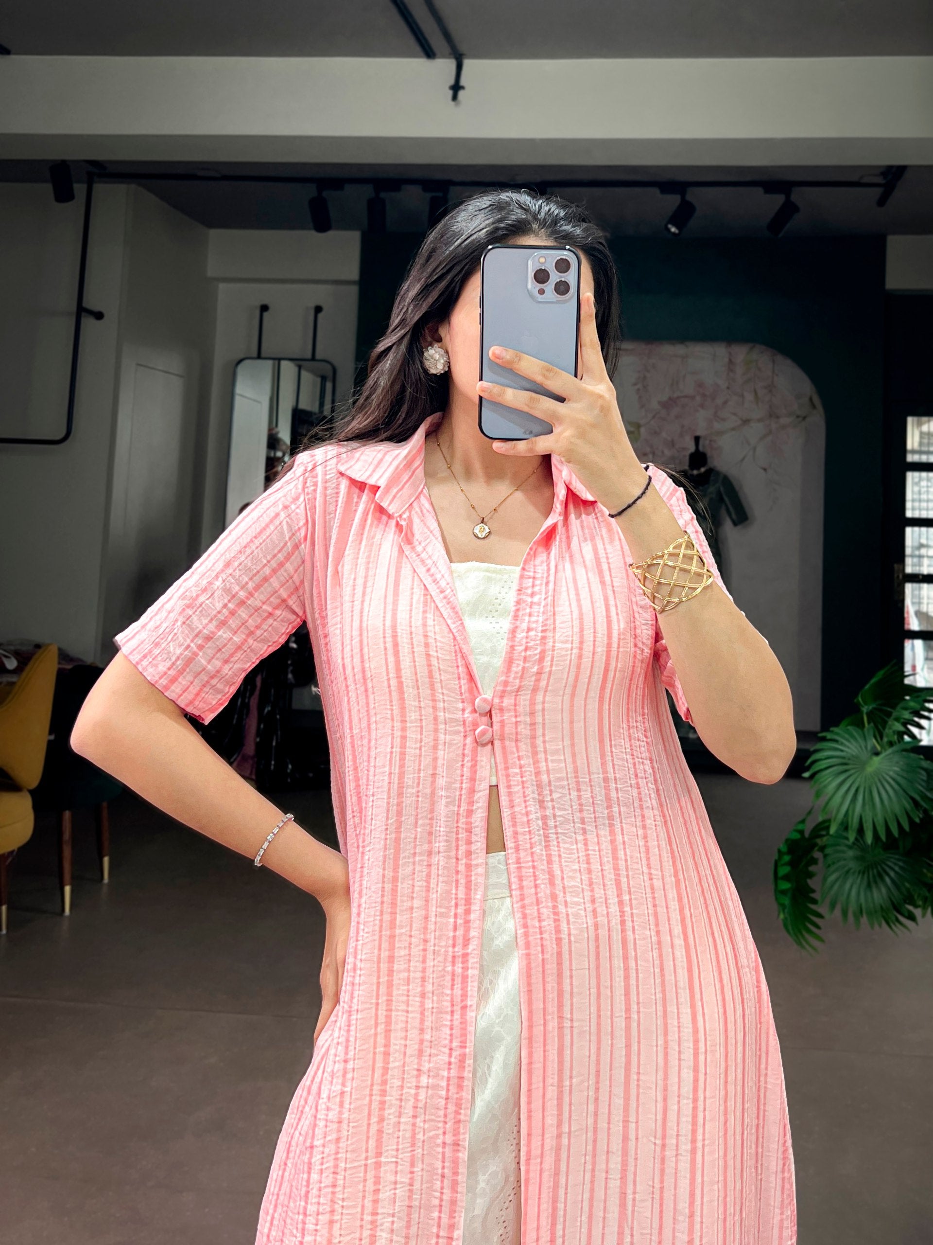 Pink Pure Orchid Plain Work Long Kurti with Wooden Indo Western Set