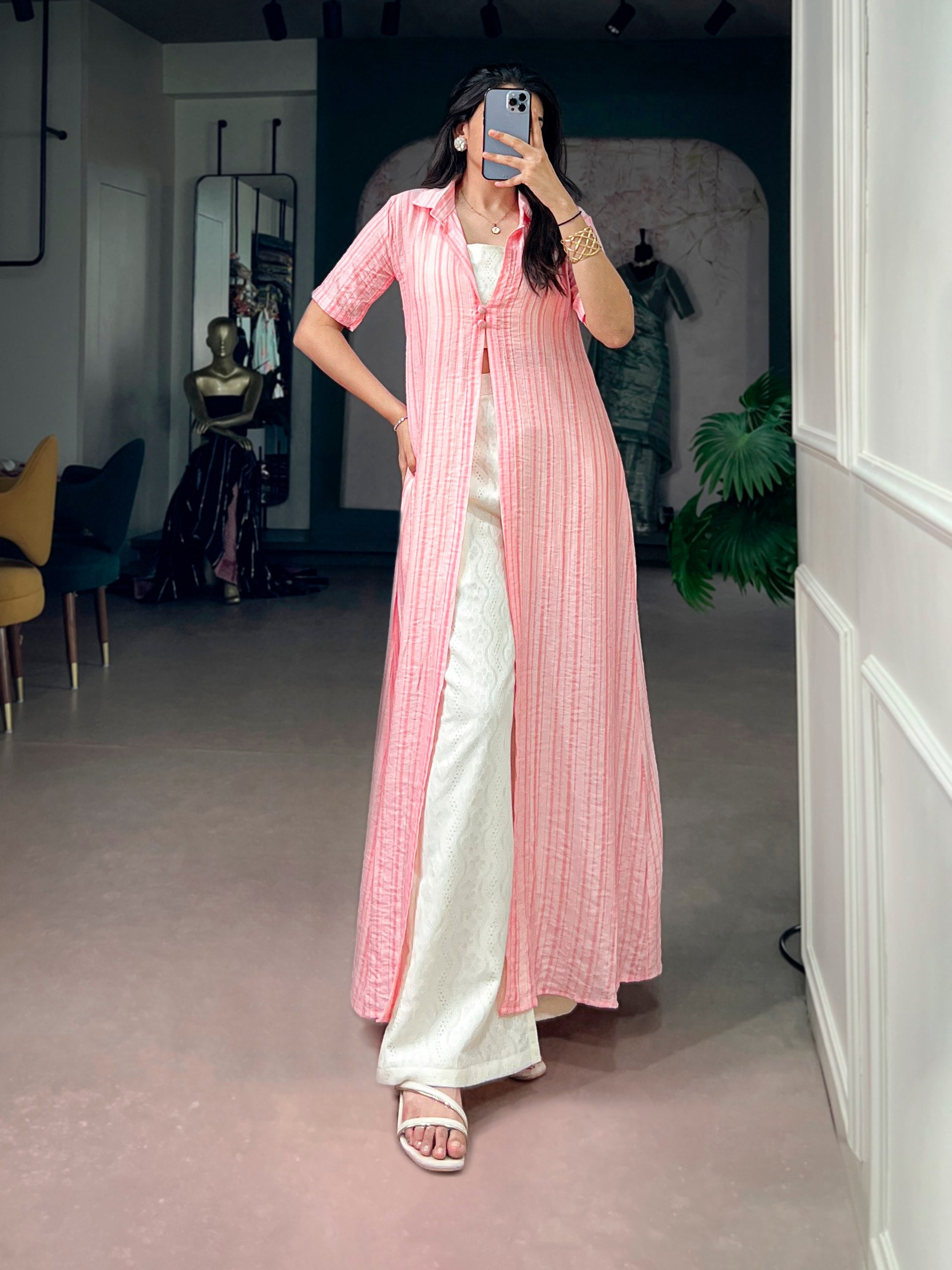 Pink Pure Orchid Plain Work Long Kurti with Wooden Indo Western Set