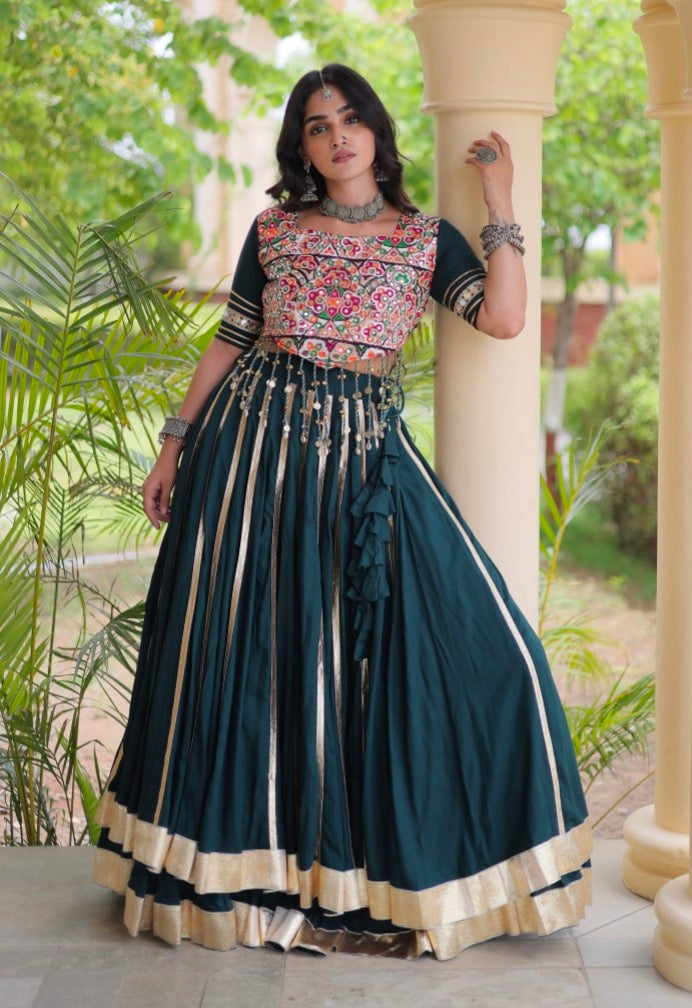Green Pure Kora Cotton Multi Thread Gotta Patti Mirror Work Navratri Lehenga Choli