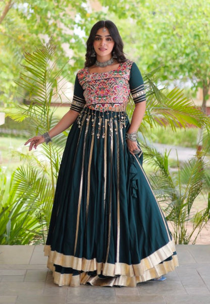 Green Pure Kora Cotton Multi Thread Gotta Patti Mirror Work Navratri Lehenga Choli
