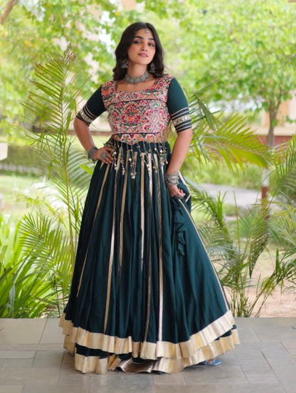 Green Pure Kora Cotton Multi Thread Gotta Patti Mirror Work Navratri Lehenga Choli