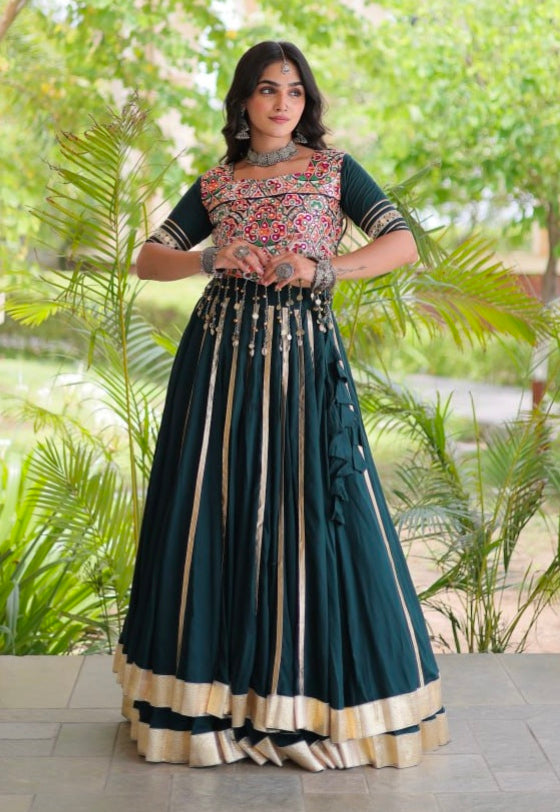 Green Pure Kora Cotton Multi Thread Gotta Patti Mirror Work Navratri Lehenga Choli