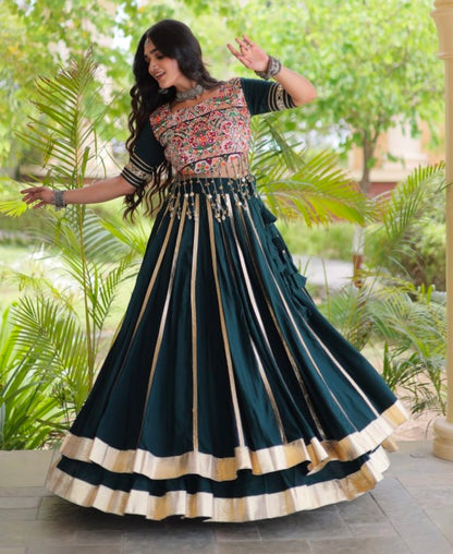 Green Pure Kora Cotton Multi Thread Gotta Patti Mirror Work Navratri Lehenga Choli