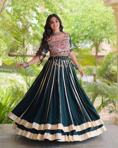 Green Pure Kora Cotton Multi Thread Gotta Patti Mirror Work Navratri Lehenga Choli