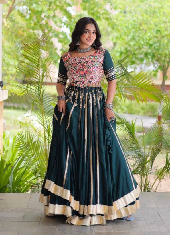 Green Pure Kora Cotton Multi Thread Gotta Patti Mirror Work Navratri Lehenga Choli