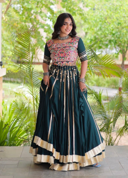 Green Pure Kora Cotton Multi Thread Gotta Patti Mirror Work Navratri Lehenga Choli