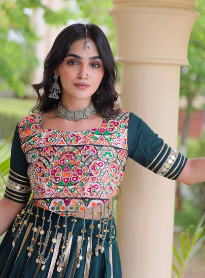 Green Pure Kora Cotton Multi Thread Gotta Patti Mirror Work Navratri Lehenga Choli
