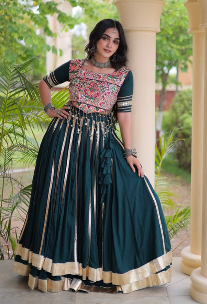 Green Pure Kora Cotton Multi Thread Gotta Patti Mirror Work Navratri Lehenga Choli
