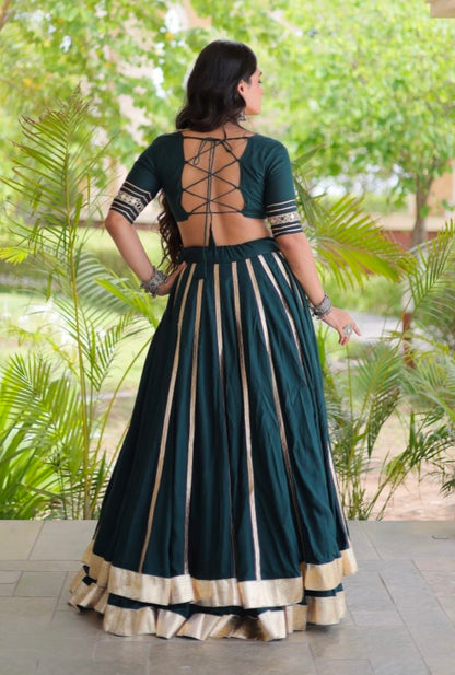 Green Pure Kora Cotton Multi Thread Gotta Patti Mirror Work Navratri Lehenga Choli