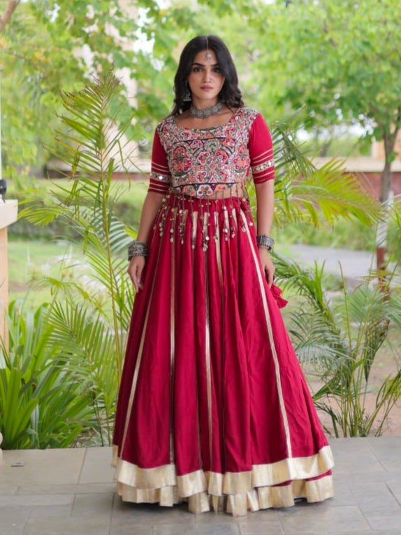 Red Pure Kora Cotton Multi Thread Gotta Patti Mirror Work Navratri Lehenga Choli
