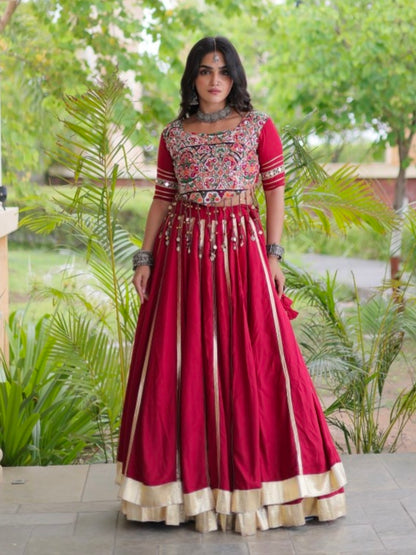 Red Pure Kora Cotton Multi Thread Gotta Patti Mirror Work Navratri Lehenga Choli